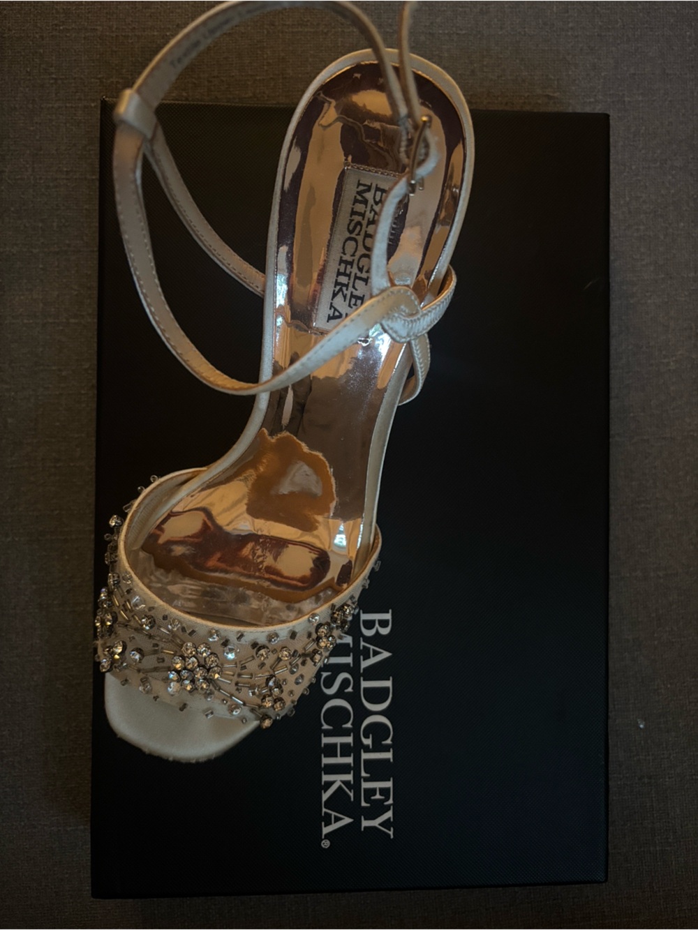 Badgley Mischka Blaine Ivory Satin Embellished Block Heel Sandals